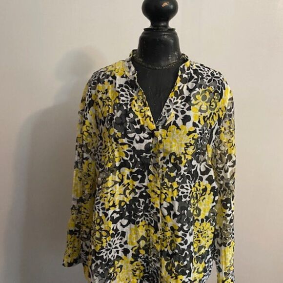 Ruby Red Yellow/Black/White Floral V-neck button down sheer blouse, size 16W - Picture 1 of 3